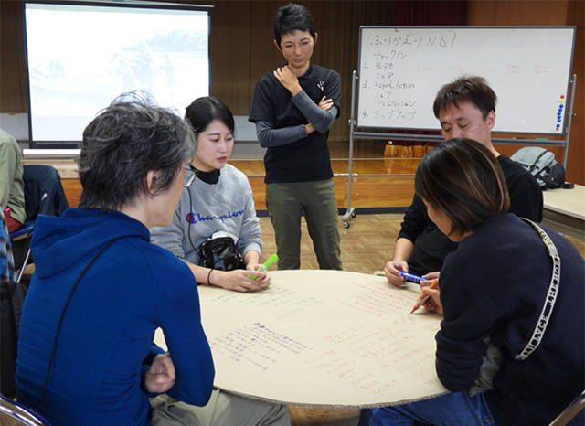 室内で円卓を囲み、ワークショップを行う5人の参加者たち。クラフト紙のような大きな丸い紙にカラーペンで意見やアイデアを書き込んでいる様子。背後にはホワイトボードとプロジェクターが設置されている。